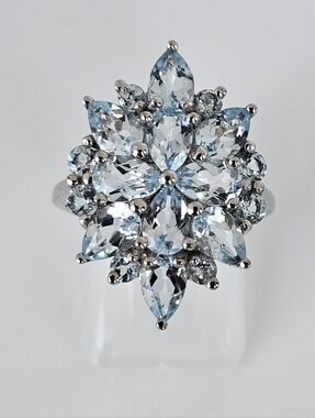 Genuine Aquamarine Elongated Ring Sterling Silver Size 7.5!